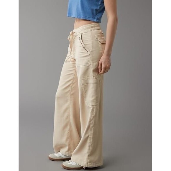 American Eagle Pants Womens Size 8 Tan Dreamy Drape Baggy Wide Leg Linen Cargo - Picture 2 of 13